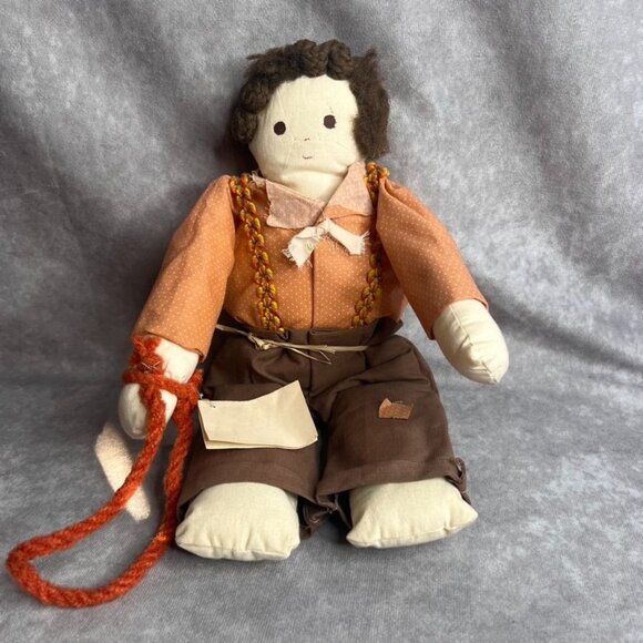 VTG Handmade Rag Doll Orange Dot Shirt Suspenders Toy Slingshot in Rear Pocket - Picture 1 of 9